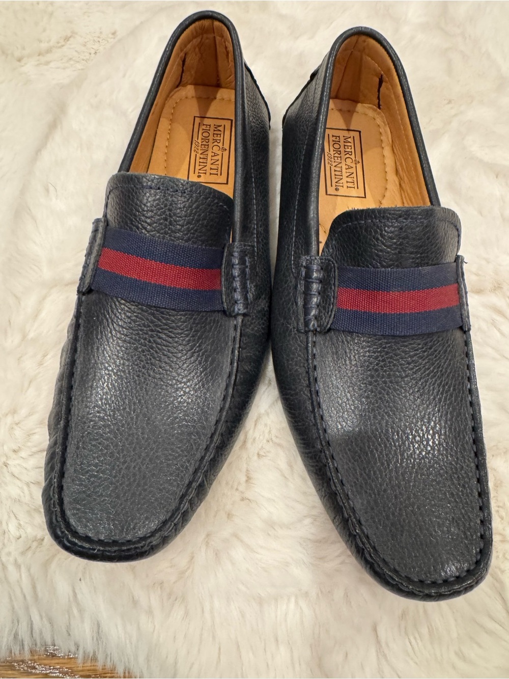 Mercanti Fiorentini Navy Leather Slip-On Loafers with Red Accent